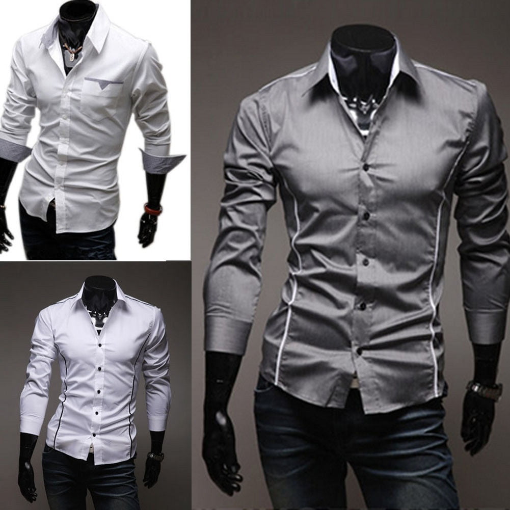 Mens Long Sleeve Shirt Button Up Work Smart Formal Plain Tops - Walmart.com