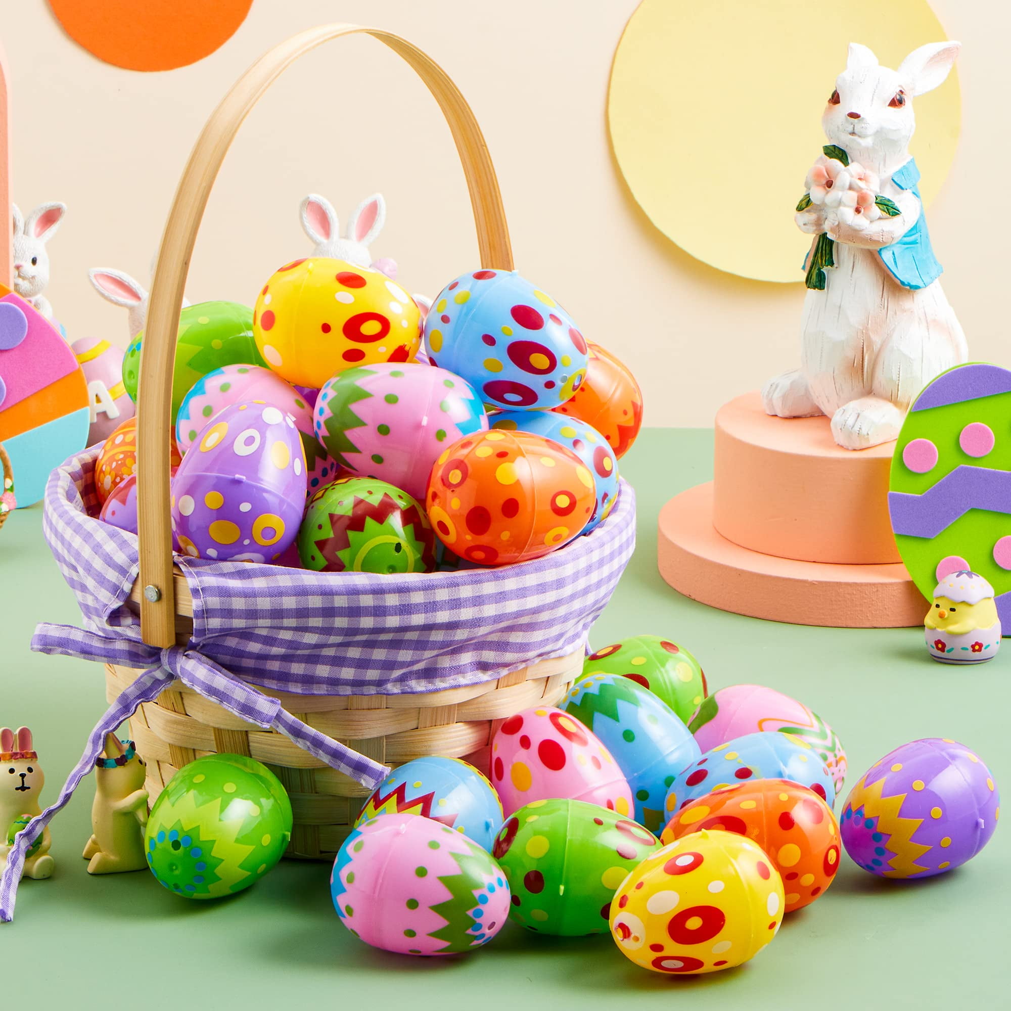 Joyfy 100 Pcs Plastic Printed Easter Eggs, 2.3" Fillable Empty Easter Eggs for Easter Hunt, Basket Stuffers Fillers, Classroom Prize Supplies, Filling Treats and Party Favor