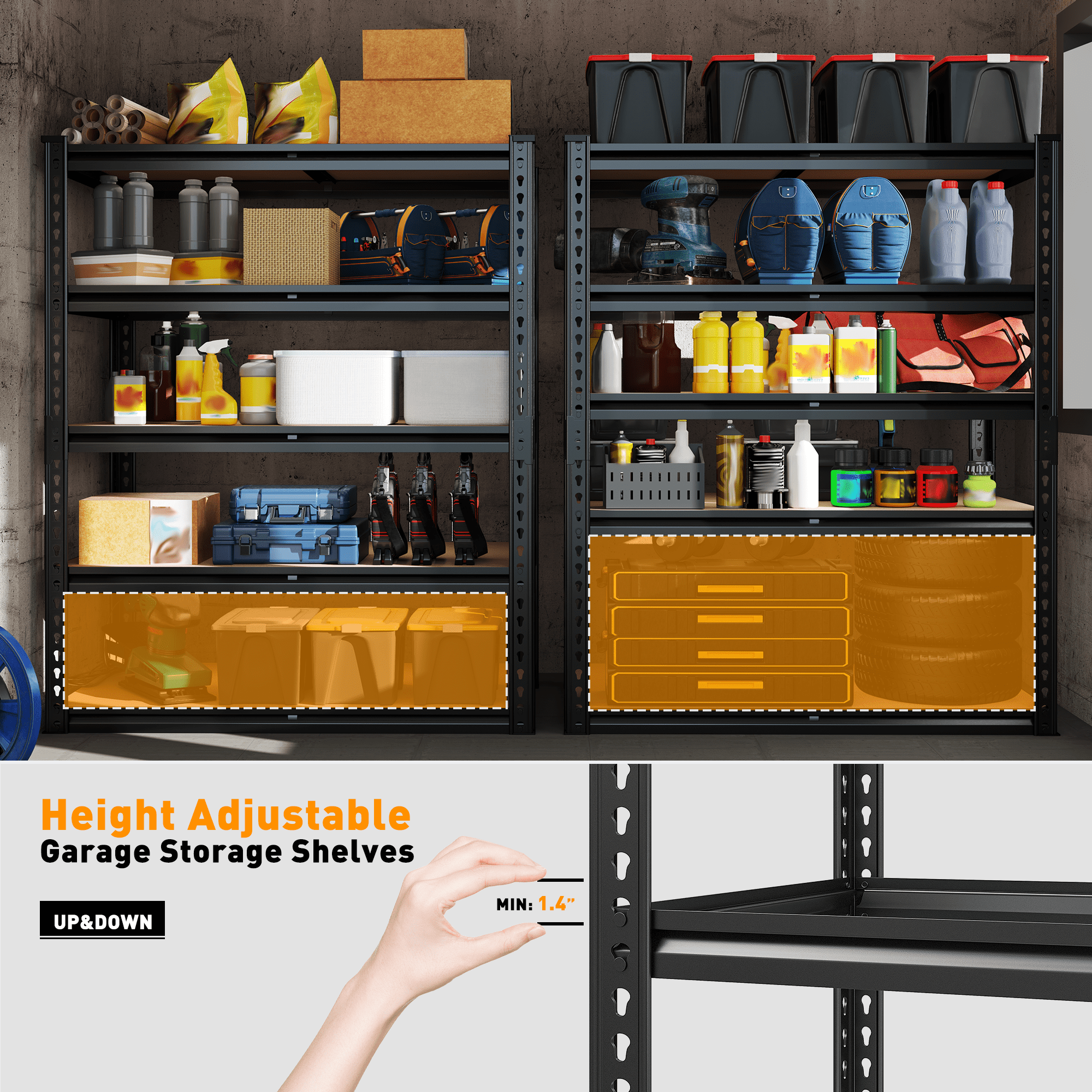 REIBII 2250LBS Garage Storage Shelves Heavy Duty Shelving Units 5-Tier Adjustable Metal Shelf