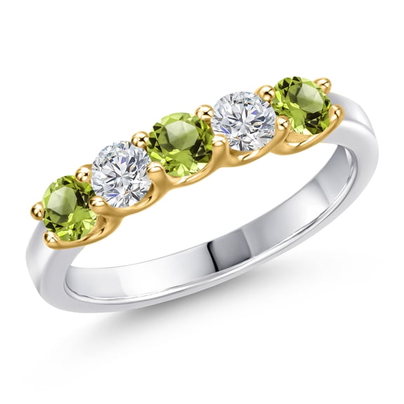 Gem Stone King 10K Two Tone Gold Green Peridot and Lab Grown Diamond Wedding-Bands Ring for Women | 0.96 Cttw | Round 3.5MM | Gemstone August Birthstone | Size 5