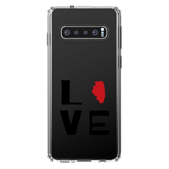 DistinctInk Clear Shockproof Hybrid Case for Samsung Galaxy S10 (6.1" Screen) - TPU Bumper Acrylic Back Tempered Glass Screen Protector - Illinois - Love Black & Red