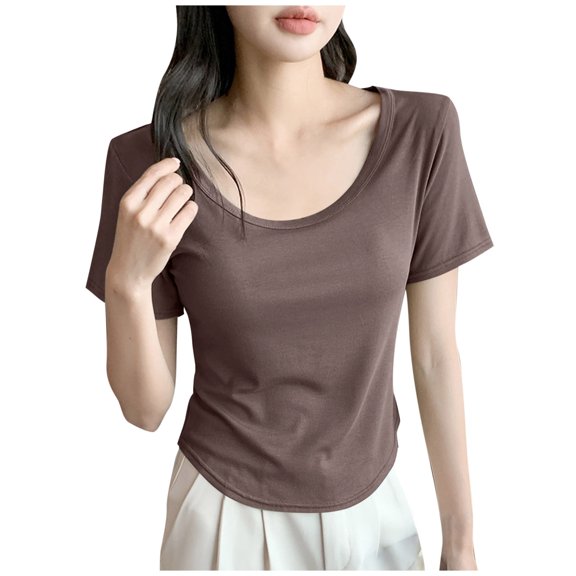 XPMWRP Women's Curved Hem Scoop Neck T-Shirt Short Sleeve Slim Fit Casual Solid Color Basic Blouse Coffee XXXL