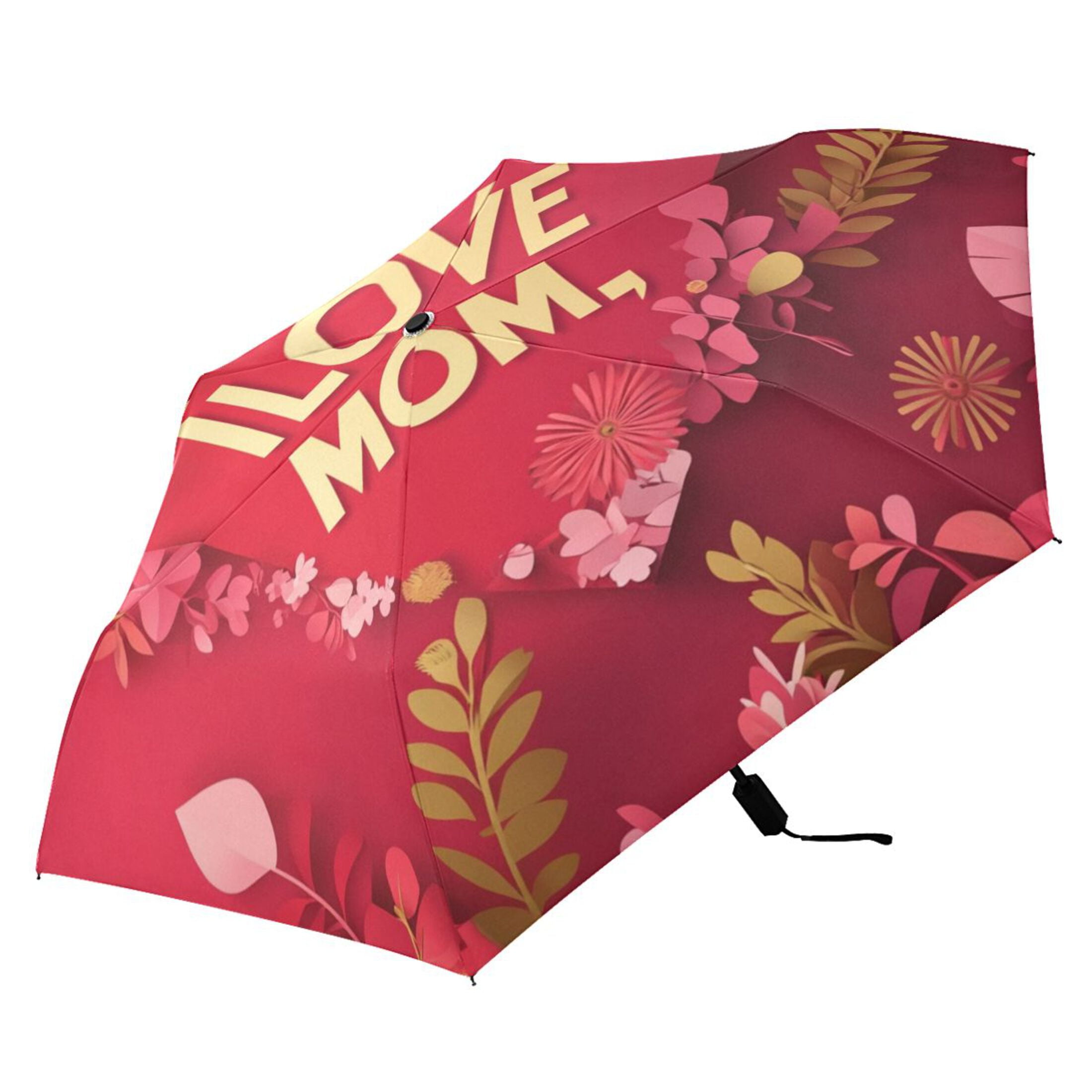 Love Mom Flowers Mothers Day All Weather Umbrella Triple Folding Parasol 6 Ribs UV Protection Portable