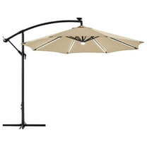 10 FT Solar Powered LED Patio Umbrella Outdoor Cantilever Umbrella, UV Protection & Windproof, Offset Hanging Sunshade w/Strip Lights & Hub Light for Backyard Garden Pool, Tan