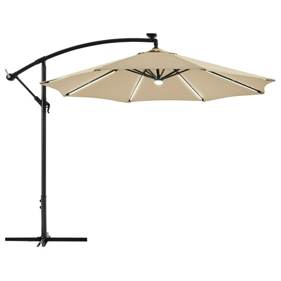 10 FT Solar Powered LED Patio Umbrella Outdoor Cantilever Umbrella, UV Protection & Windproof, Offset Hanging Sunshade w/Strip Lights & Hub Light for Backyard Garden Pool, Tan