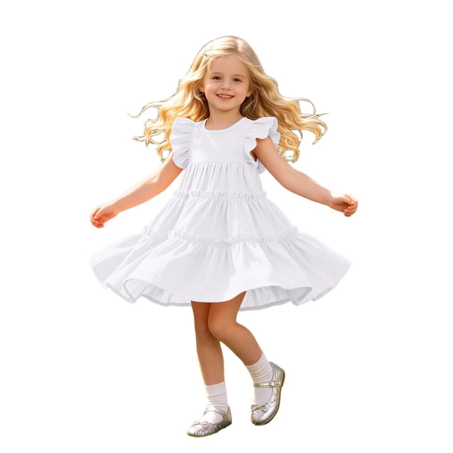 FhsagQ Robe de Fête à Étages pour Filles avec Manches à Volants et Design Plissé pour l'Été (Blanc Taille 3-4 Ans)