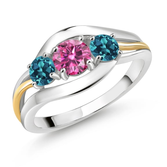 Gem Stone King 925 Sterling Silver and 10K Yellow Gold Round Pink Moissanite and London Blue Topaz 3 Stone Ring for Women (1.16 Cttw, Size 6)
