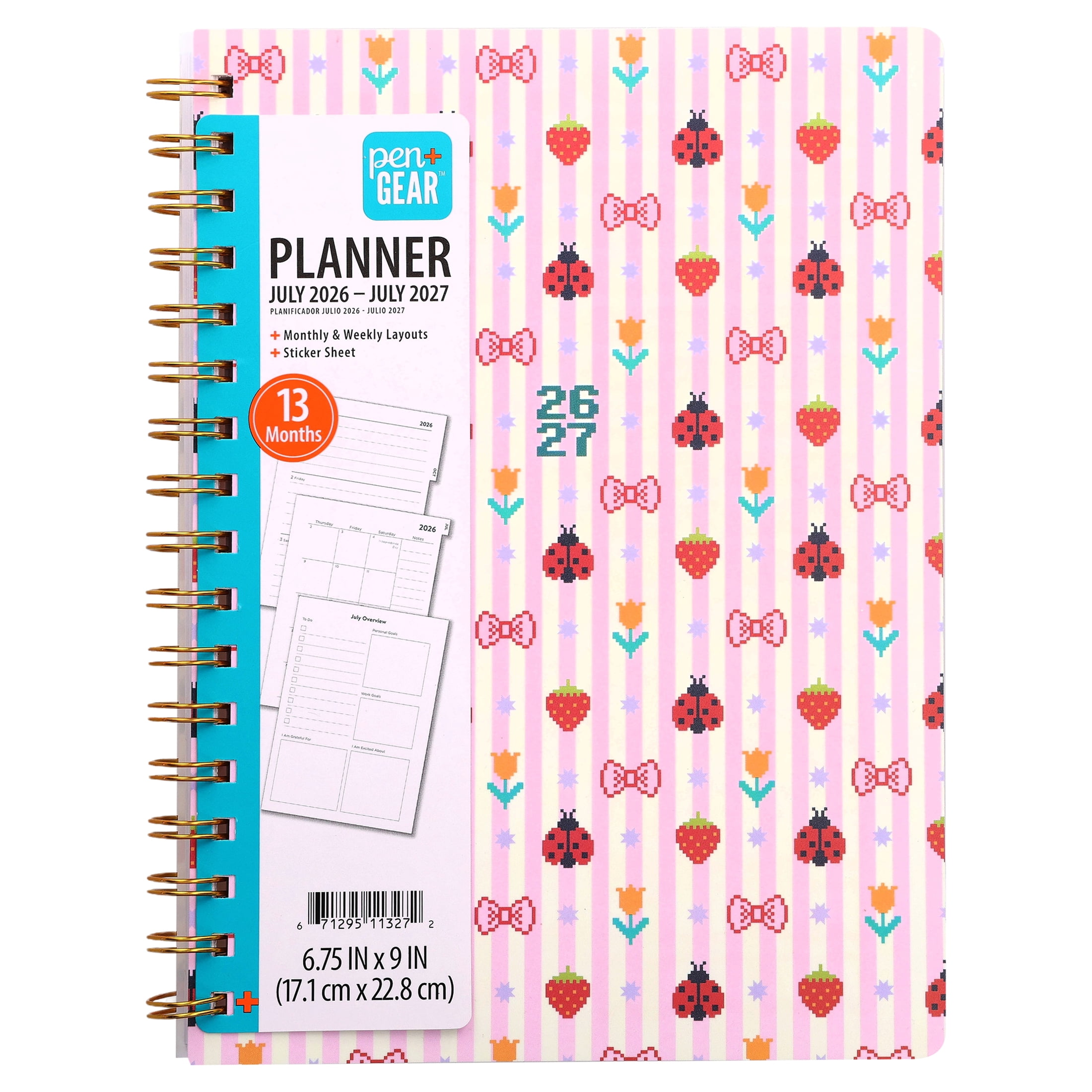 Pen+Gear 13-Month Monthly Planner, July 2026-July 2027, Multicolor Ladybugs and Bows, 6.75" x 9"
