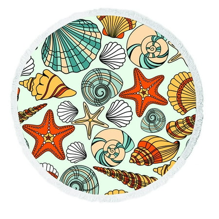 ABPHQTO Elegant Seashells Round Beach Blanket with Tassels Beach Throw Towel Yoga Mat Picnic Blanket