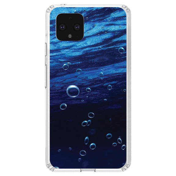 DistinctInk Clear Shockproof Hybrid Case for Google Pixel 4 XL (6.3" Screen) - TPU Bumper, Acrylic Back, Tempered Glass Screen Protector - Water Bubbles Blue