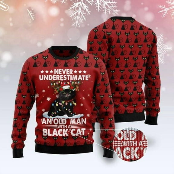 Black Cat Old Man Ugly Christmas Sweater, Christmas Cat Ugly Sweater, Ugly Cat Xmas Sweater