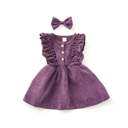 

Toddler Baby Girls Ruffle Dress Clothes Solid Long Sleeve Casual Corduroy Dress with Headband Two-Piece Outfit