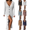 thumbnail image 4 of Vestido tipo suéter de punto con botones, cuello en V, manga larga, frente abierto, vestido informal de punto acanalado para mujer, Blanco XL, 4 of 6