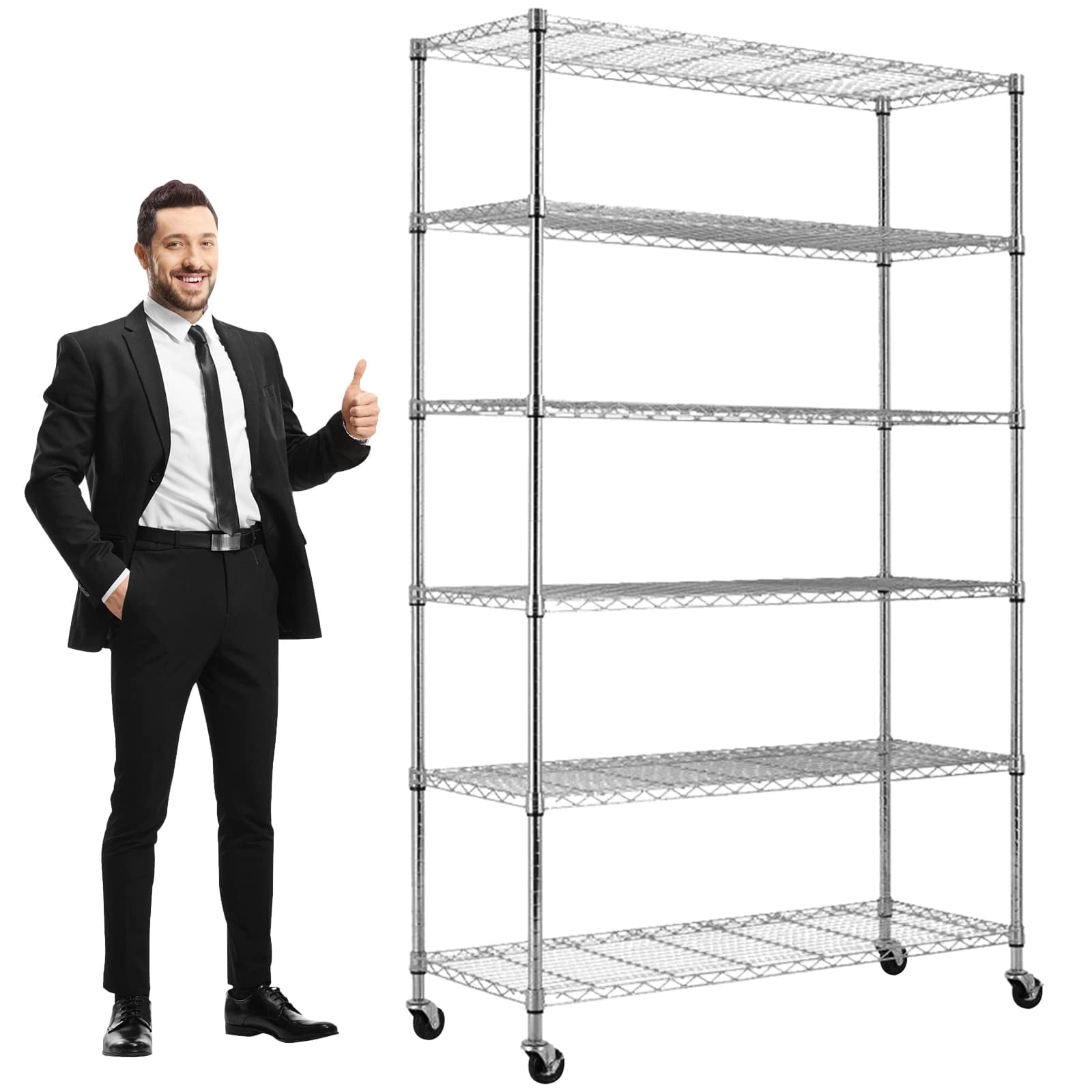 6-Tier Wire Shelving Unit 2100Lb Capacity Adjustable Storage Shelves Heavy Duty Storage Rack with Wheels NSF Metal Shelf for Closet Kitchen Garage Basement, 48" L x 18" W x 82" H, Chrome