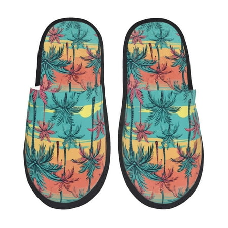 

Fuzoiu Hawaii Palms Print Unisex Furry Slippers Plush Indoor Shoes Trendy House Slippers Anti-Skid EVA Sole House Shoes for Home Office and Travel -Medium