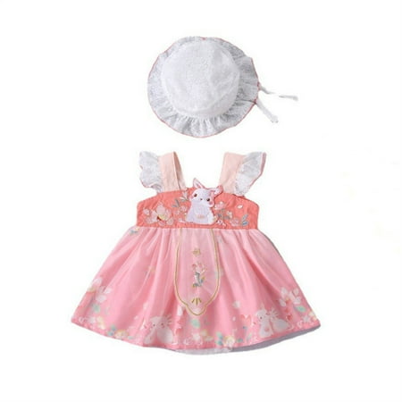 

B91xZ Toddler Girl Summer Outfits Summer Baby Climbing Cloth Fly Sleeve Rabbit And Flower Embroidery Print Dress Party (Sizes 12-18 Months)