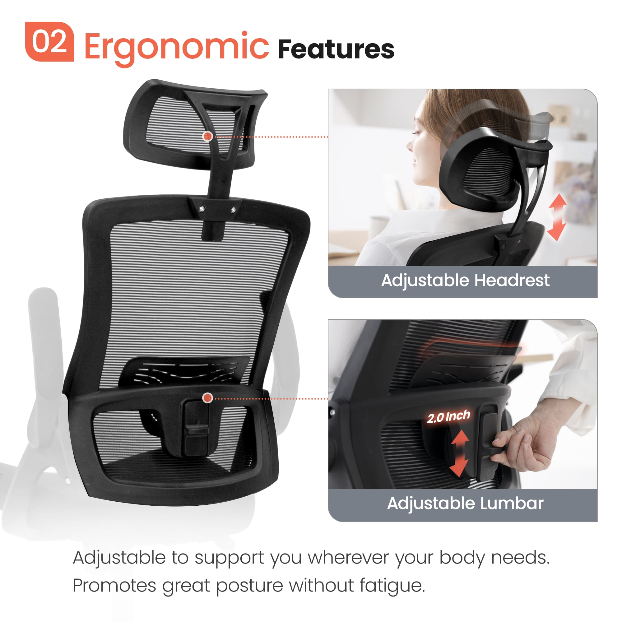 Neo Chair High Back Ergonomic Desk Chair Office Chair, Breathable Mesh Desk Chair with Adjustable Lumbar Support and Headrest, Black
