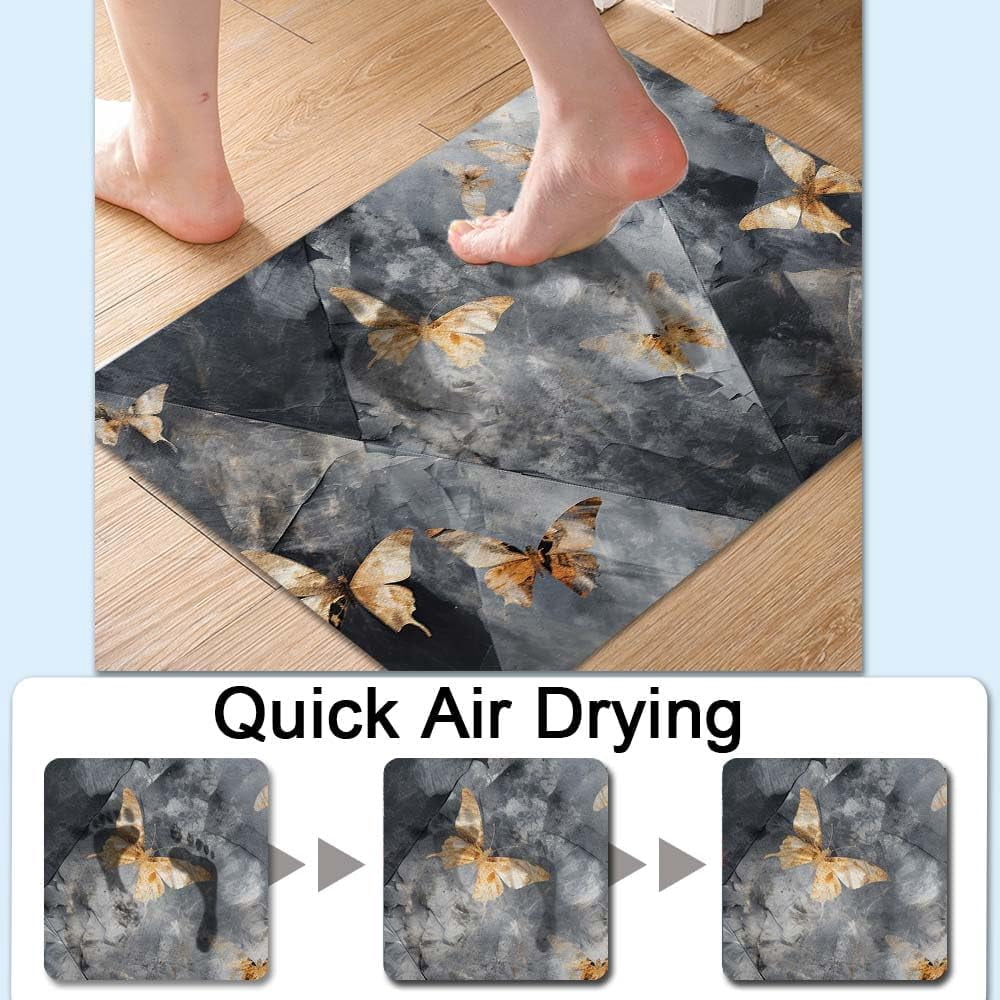 Bath Mat Rug,Black gray marble, golden butterfly Non Slip Quick Dry Super Absorbent Thin Bathroom Rugs Fit Under Door-Easy to clean Bathroom Floor Mats-Shower Rug for Shower Sink Bathtub(16" x 24"In)