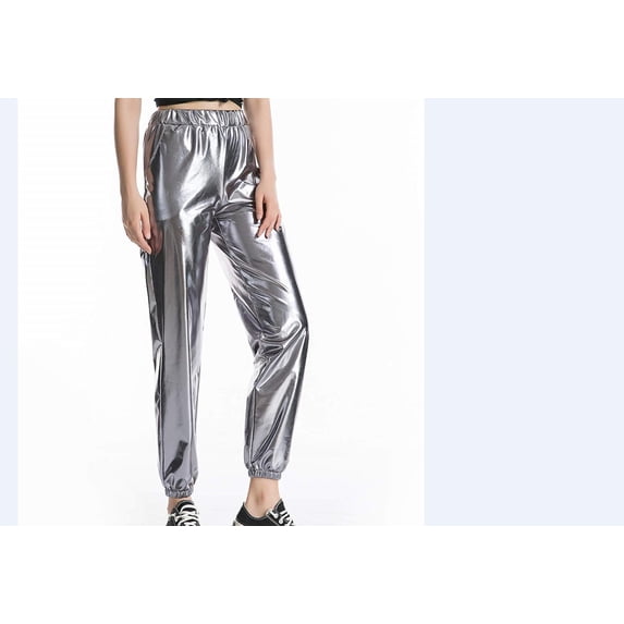 One opening Women metallic shiny jogger casual pants high waist hologram color pants streetwear trousers