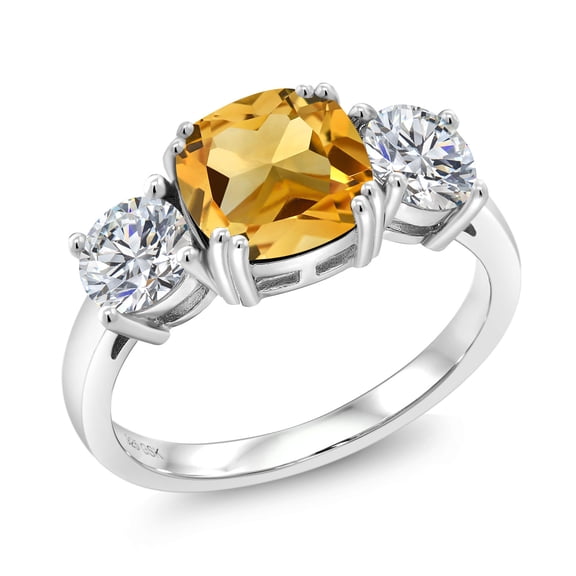 Gem Stone King 925 Sterling Silver Yellow Citrine and Lab Grown Diamond Engagement Ring for Women | 3.00 Cttw | Cushion 8MM | Gemstone November Birthstone | Size 7