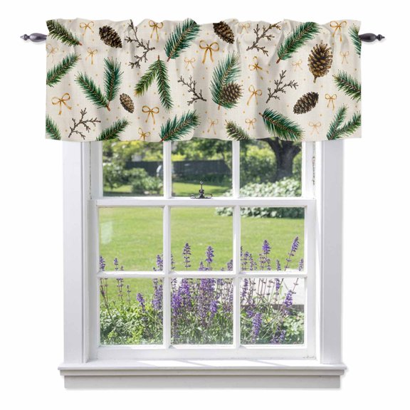 Christmas Pine Needles Valances for Windows,Kitchen Valance Rod Pocket Short Curtain, Retro Seamless Pattern Valance Curtain Window Valances for Bedroom Bathroom Living Room