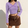 thumbnail image 2 of AWZXDE Women's Long Sleeve V-Neck Casual Cropped Pure Desire Style Gentle Fashion Pair with Skirt Photo Ready Versatile Stretch Top Purple,S, 2 of 6