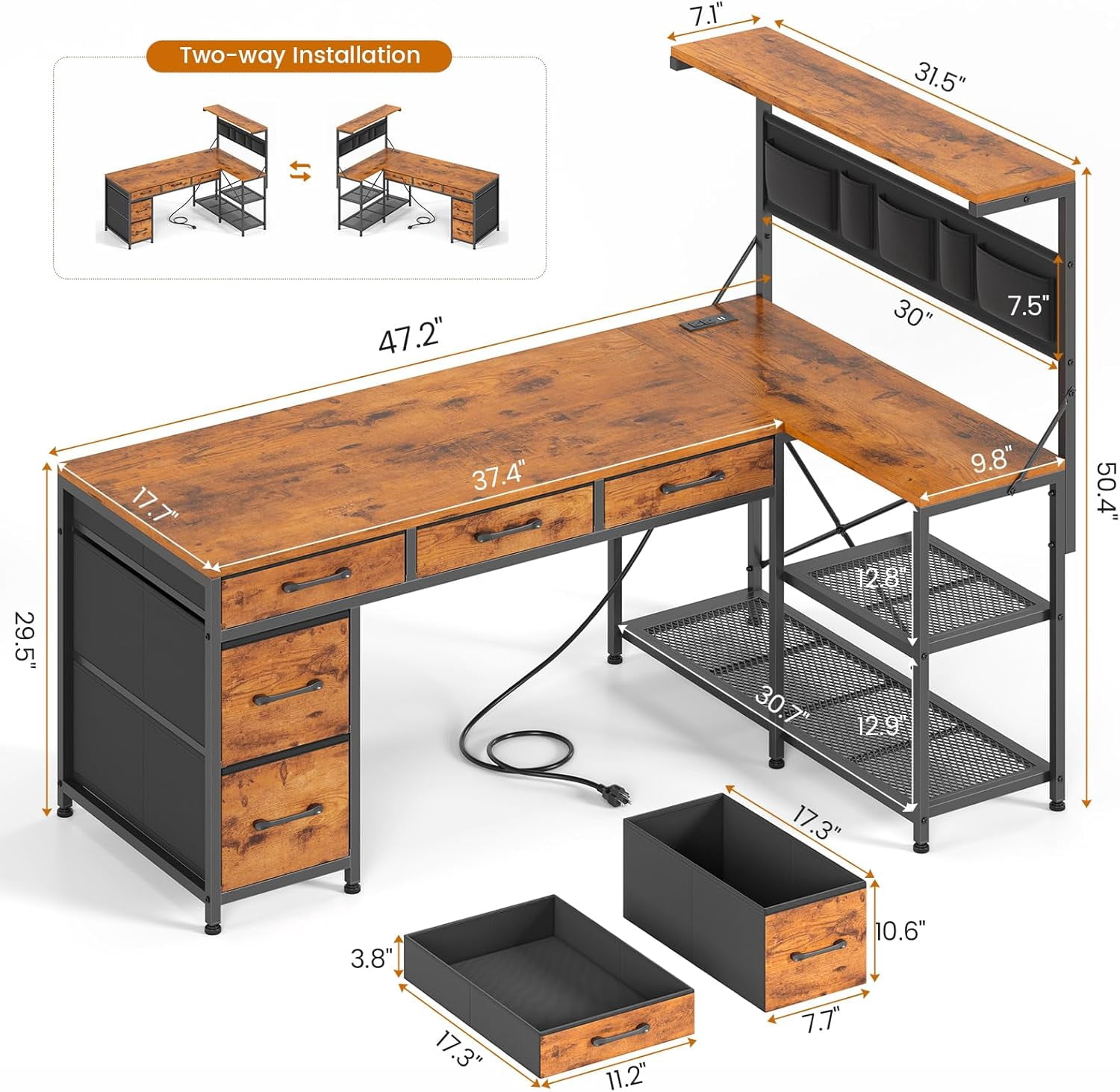 L Shaped Desk with 5 Fabric Drawers and Hutch, 47.2" Reversible Computer Desk with LED Lights for Home Office