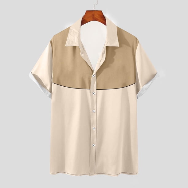 Playeras Elvqul para Hombre Playa Beige con Estampado de Bloques de Color Manga Corta Elástica Solapa Abotonada
