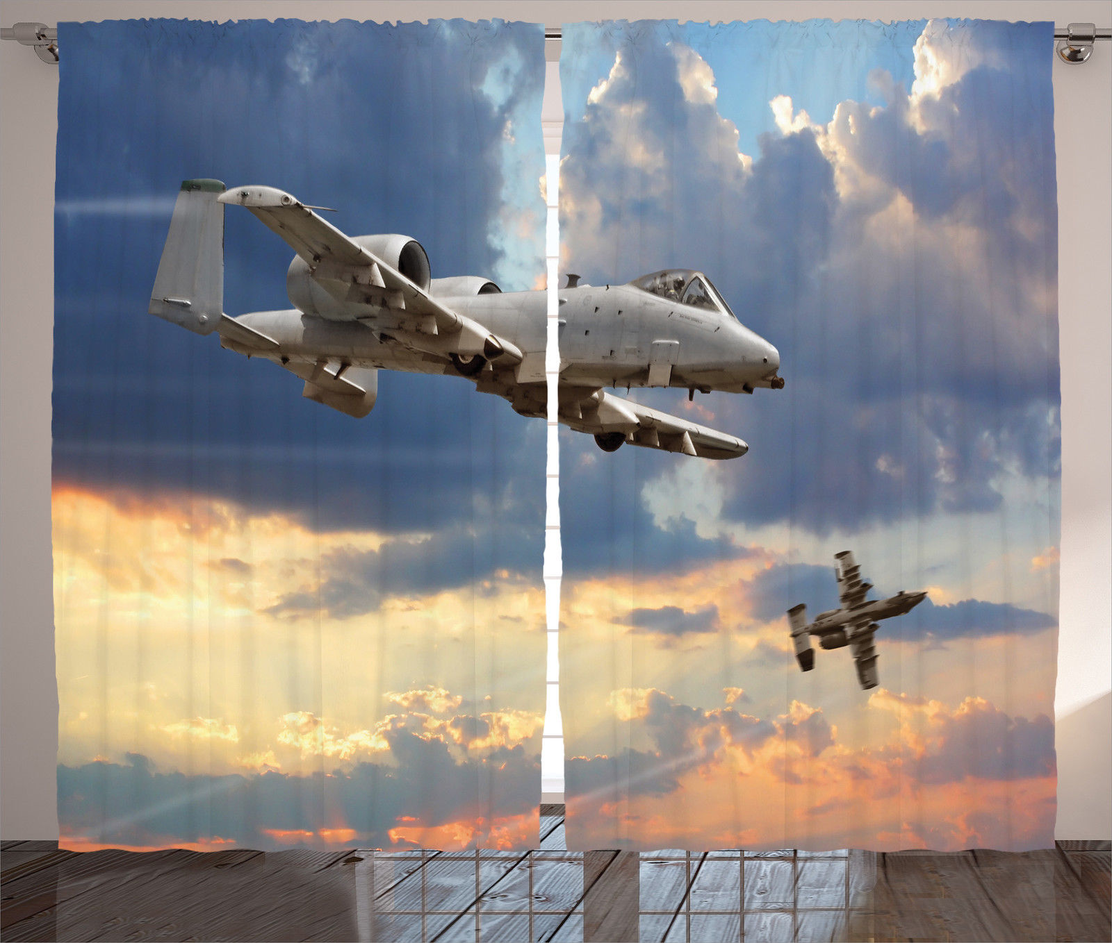 Airplane Decor Curtains 2 Panels Set, Peacekeepers Mission Jet Up