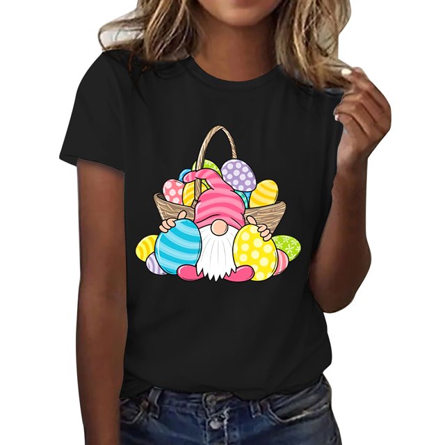 Outfmvch Chemises de Pâques pour Femmes, Chandails en Molleton à Col Rond pour Femmes, Chemises à Manches Courtes pour Femmes, Hauts de Sortie pour Femmes, T-Shirt à Manches Courtes à Col Rond Imprimé de Pâques à la Mode, T-Shirts Graphiques pour Femmes Noir S