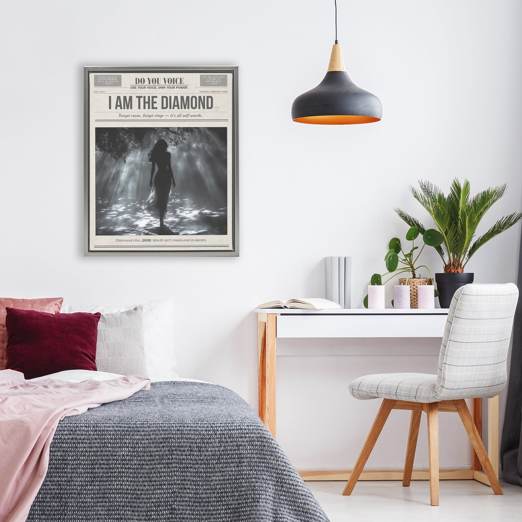 Stupell Industries Diamond Chic Newspaper Gray Framed Floater Canvas Wall Art, design by A Barefoot Stylist