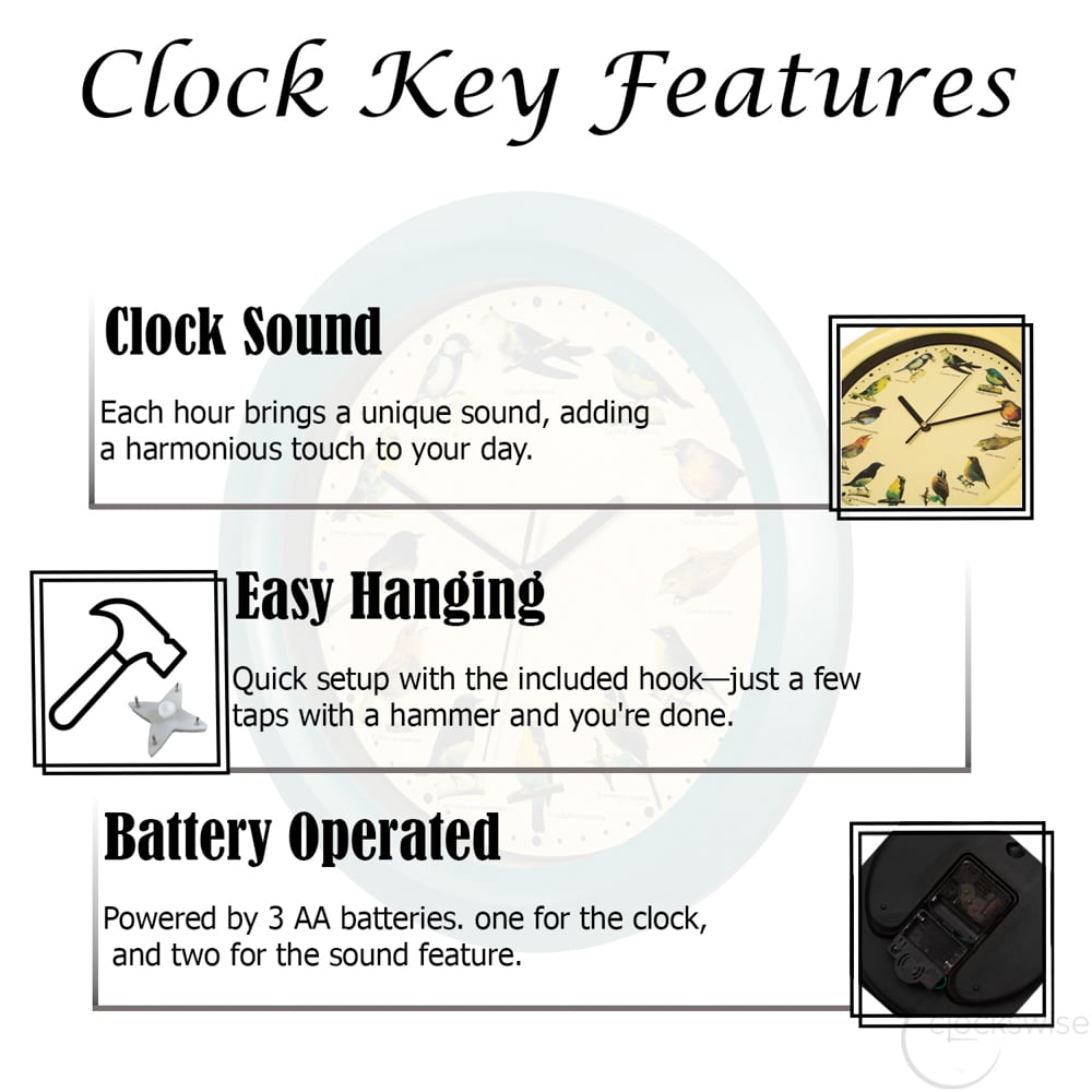 Clockswise 12" Round Decorative Singing Bird Wall Clock Battery-Operated with Wild Nature Sounds Hourly Chime and Non-Ticking for Home Office Kitchen Dining Bedroom Classroom and Living Spaces, Yellow