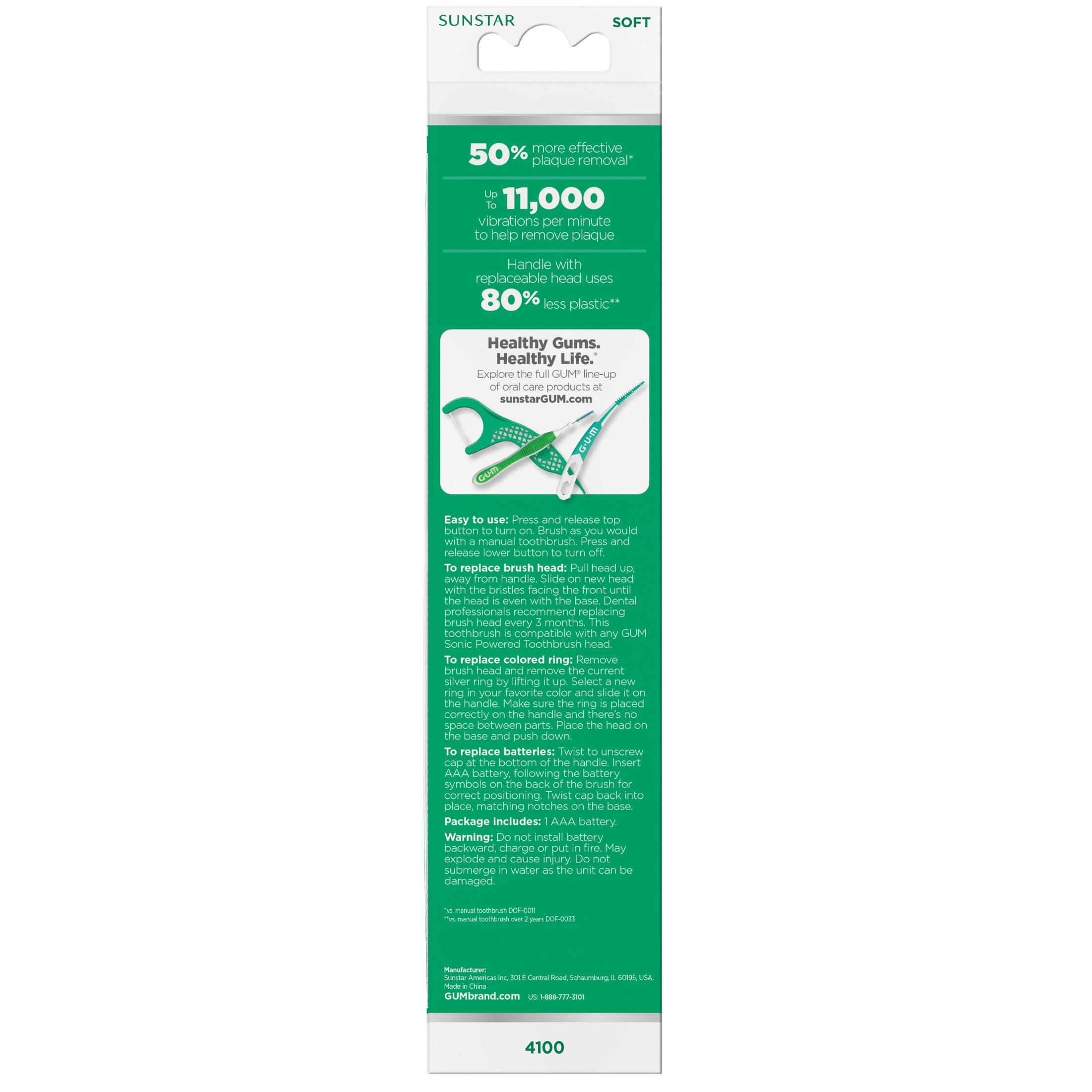 GUM Sonic Battery Powered Toothbrush with Tapered Bristles for Gumline Cleaning, Black, 1 Count