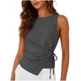 thumbnail image 2 of Karymi Cute Tops for Women Crew Neck Sleeveless Tank Top, Side Tie Wrap Waist Fake Linen Blend Blouse, Solid Irregular Hem Casual Summer Vest T Shirts for Women, 2 of 8