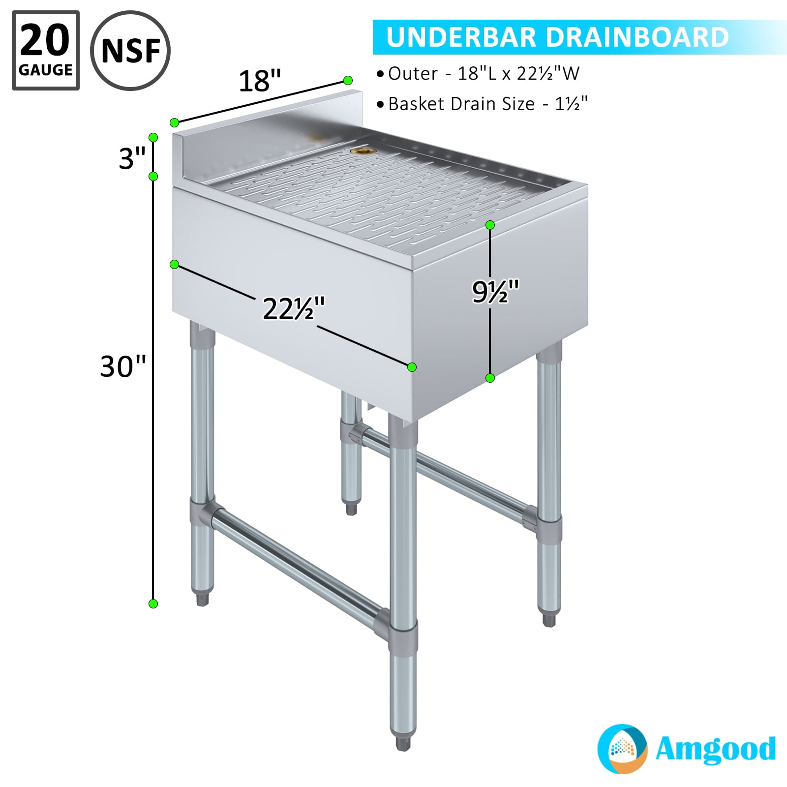 AmGood Underbar Stainless Steel Drainboard 22-1/2 in. x 18 in. x 30 in. H with 3 in. Backsplash