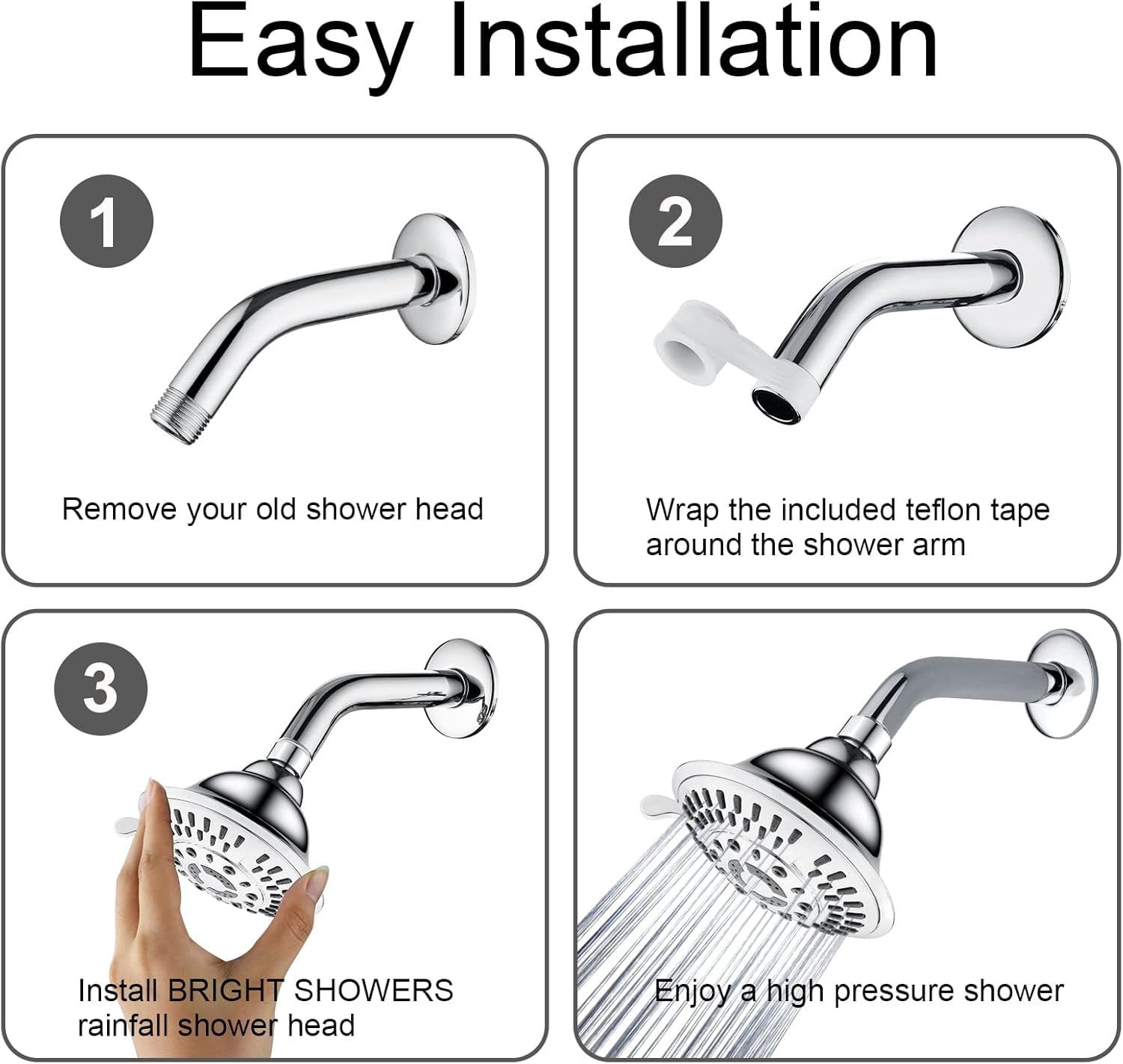 BRIGHT SHOWERS Shower Head High Pressure Rain Showerhead 5 Spray Setting Fixed Shower Head Angle Adjustable Bathroom Showerhead, Chrome