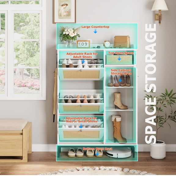 Rattan Shoe Cabinet with 3 Flip Drawers, Adjustable Shelves, Narrow Storage for Entryway, Natural