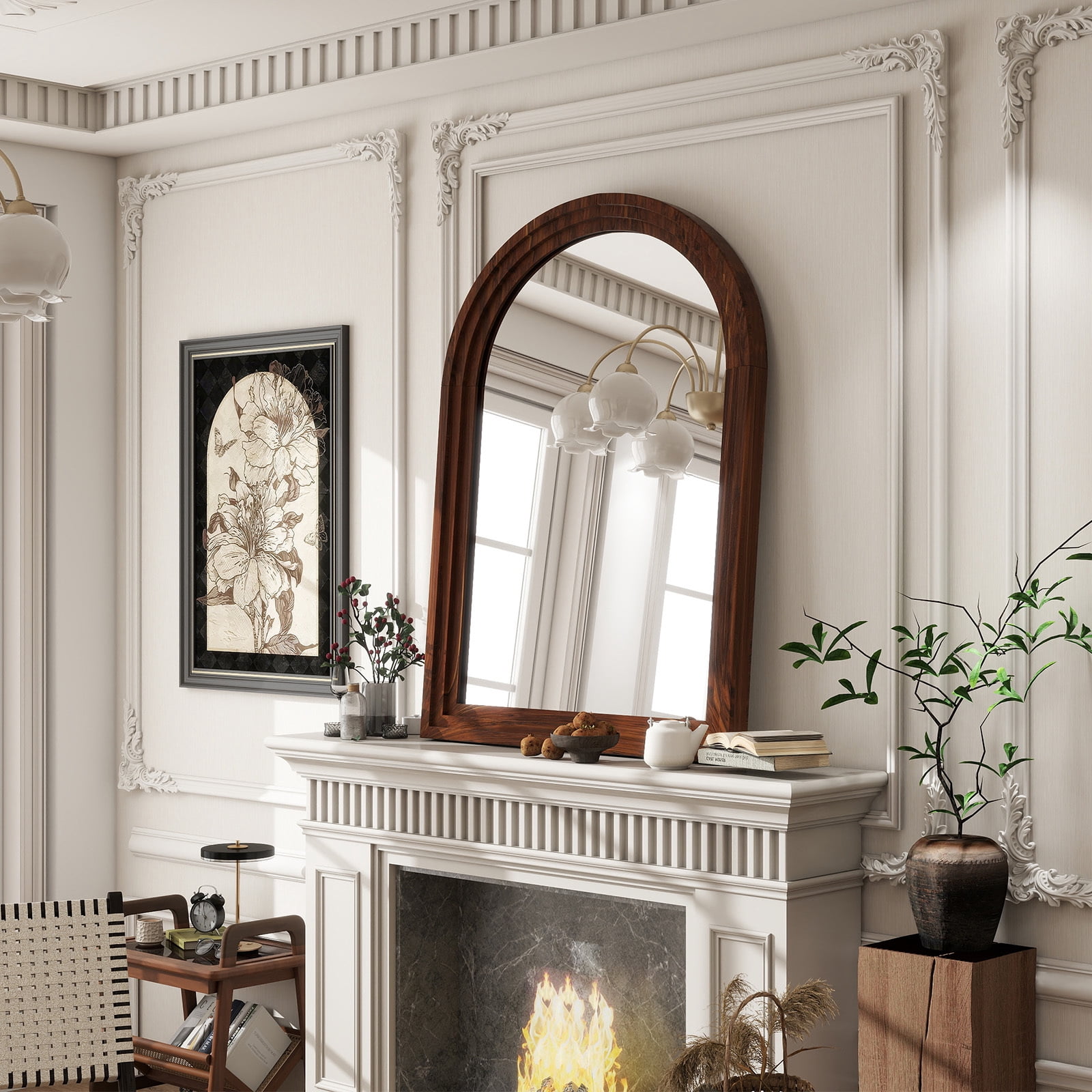 Anyrose 40.2"x30" Arch Wooden Framed Vanity Bathroom Mirror, Brown