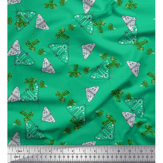 Soimoi Green Cotton Duck Fabric Leaves & Moth Insects Print Fabric by the Yard 42 Inch Wide