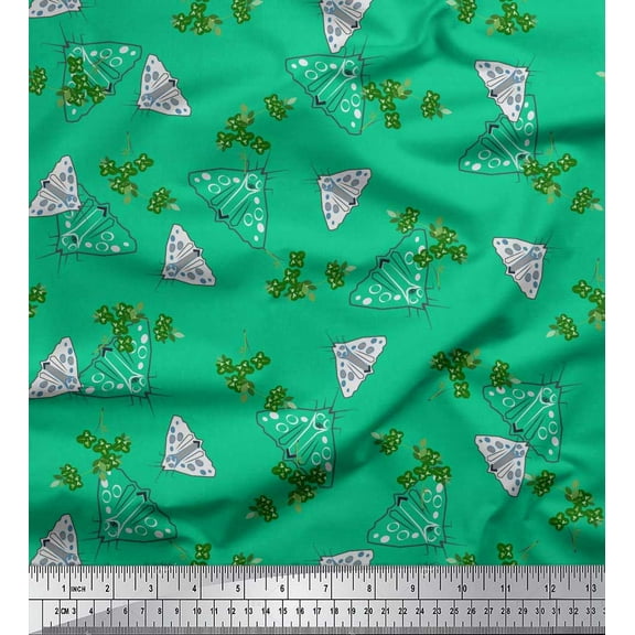 Soimoi Green Cotton Duck Fabric Leaves & Moth Insects Print Fabric by the Yard 42 Inch Wide