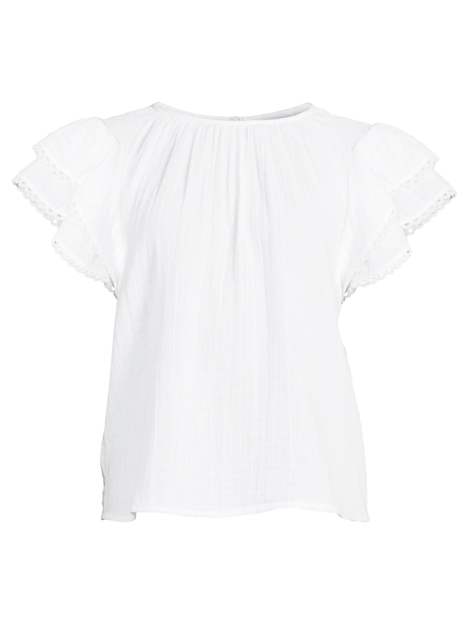 Time and Tru Women's Ruffle Sleeve Top Cotton Blouse & Top, Women's Sizes S-XXL