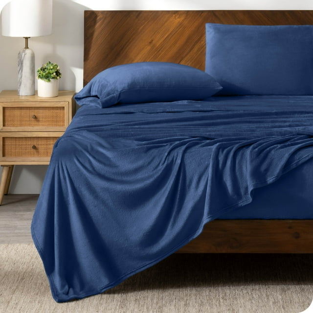 Bare Home Ensemble de Draps en Molleton Microplush - Ultra Doux - Poche Profonde - Lit Simple, Bleu Foncé