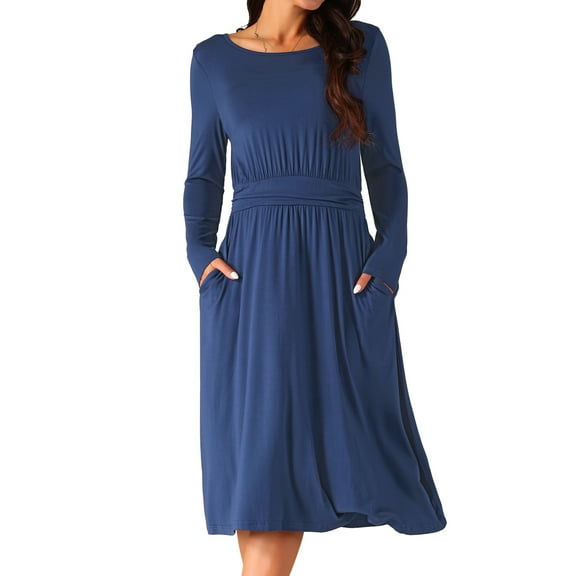 DARING DIVA Crew Neck Long Midi Sleeve Dress with Pockets S Deep Blue