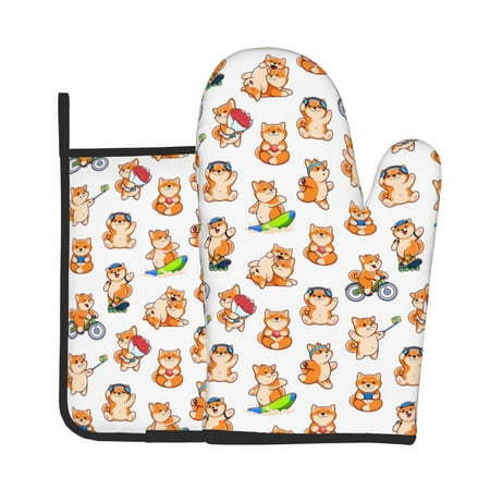 

Zeuib Kawaii Shiba Dog Print Oven Mitt & Pot Holder Set 2-Pack Kitchen Gloves and Hot Pads for Cooking BBQ Grilling Baking