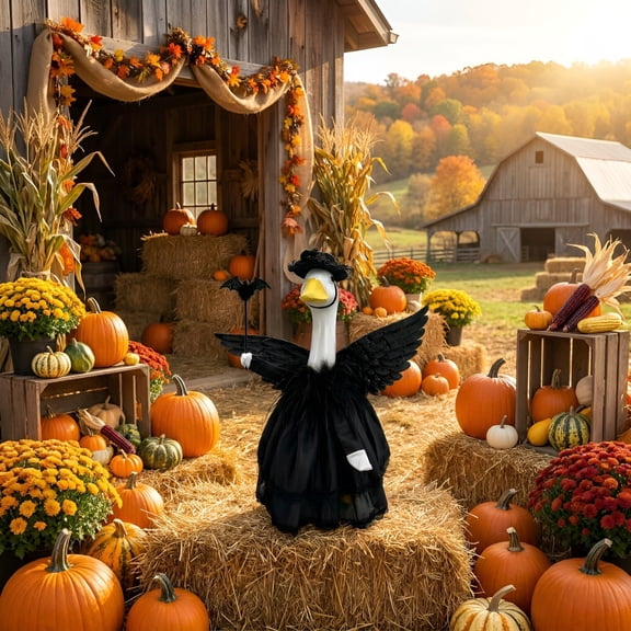 Halloween Witch Porch Outdoor Goose Outfit, Black Dress with Hat & Wing Set for 23 Inch Cement Lawn Goose Statue for Yard Patio Outdoor Goose Costume Decor