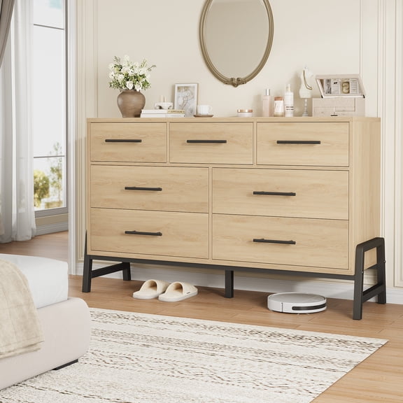 Garvee Spacious 7-Drawer Entryway Storage Cabinet - Freestanding Wooden Hallway Dresser, Vertical Organizer for Bedroom & Living Room, Modern Closet Chest, Natural Oak Finish - Natural Wood Color