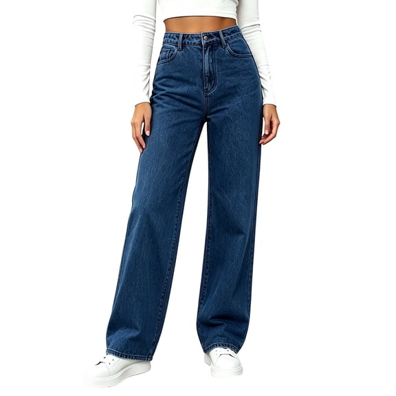 cocolona Womens Plus Size High Waist Jean Pants Elastic Waist Straight Wide Leg Denim Pants with Pockets