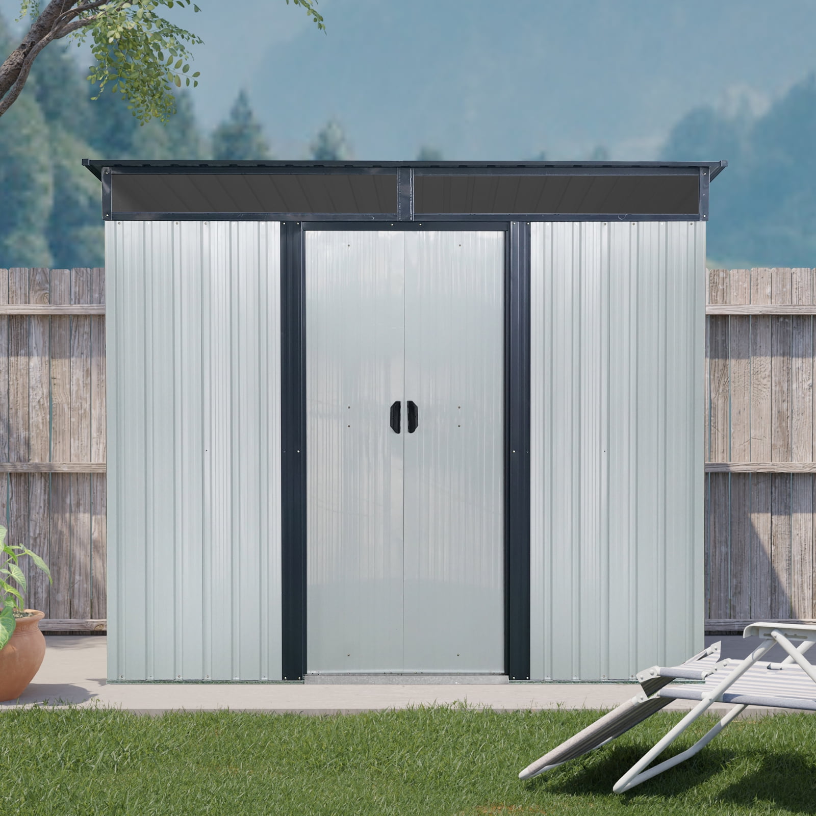 Alvantor Outdoor Storage Shed 8 x 6 Ft Metal Garden Shed with Sliding Doors and Transparent plate for Backyard, Garden White