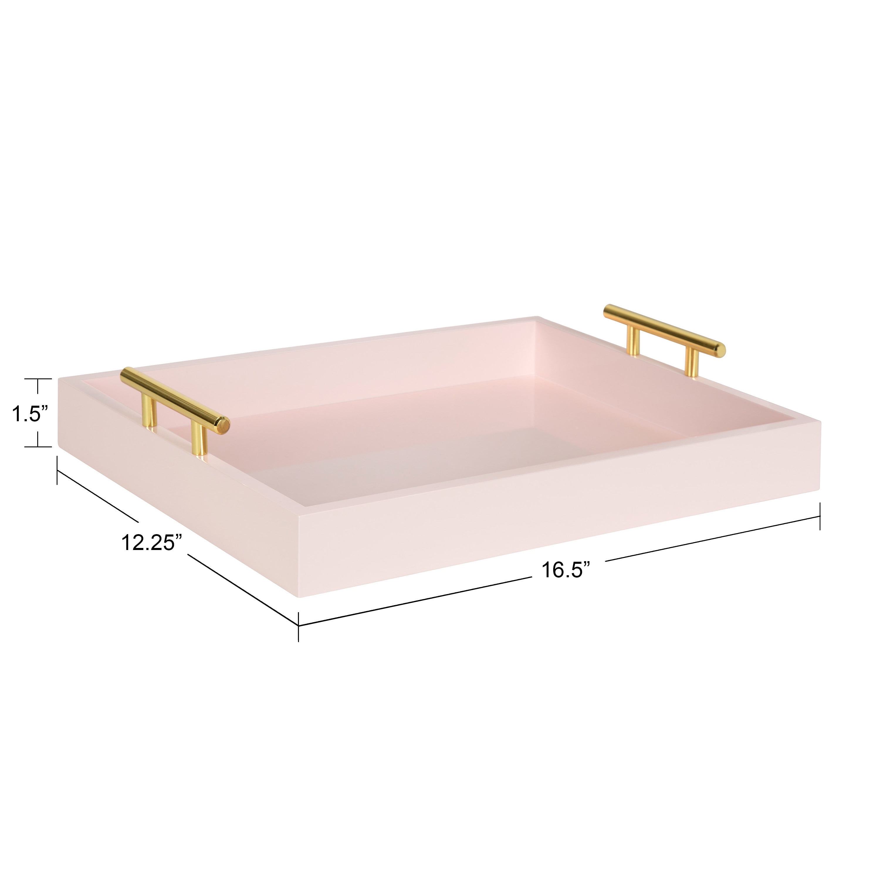Kate and Laurel Lipton Decorative Modern Tray, 16.5 x 12.25, Pink, Glossy Pink Serving Tray with Polished Gold Handles for Hosting, Home Decor, and Storage