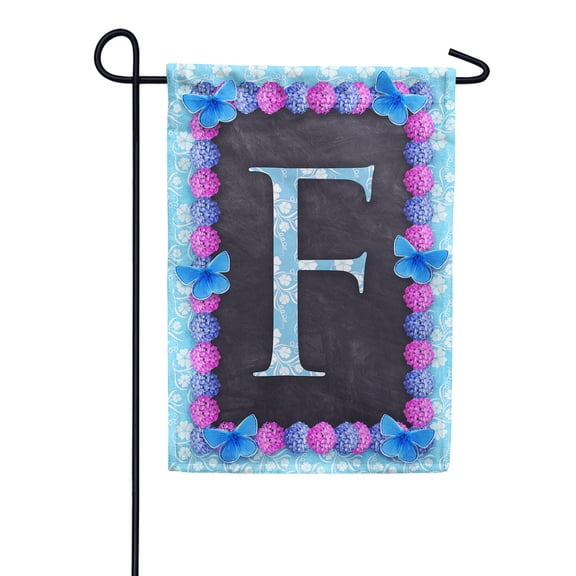 America Forever Spring Monogram Garden Flag Letter F 12.5 x 18 inches Double Sided Vertical Outdoor, Yard, Lawn, Decorative Seasonal, Hydrangeas, Blue Butterflies Bees Summer Floral Garden Flag